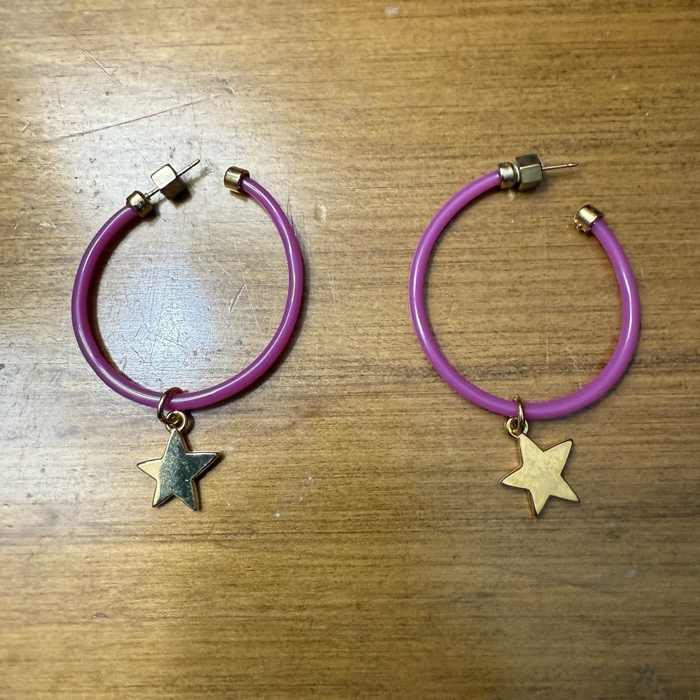 Purple Hoop Earrings Star Charms Celestial Lavender Enamel Huggie Dangle Drop